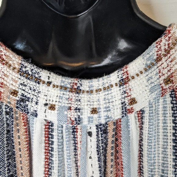 Striped Flowy Hippie Boho Indie Loose Fit Cropped Top w/ Beaded Neckline Size S - Picture 5 of 5